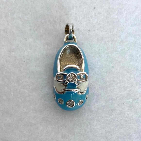 Sterling Silver 925 Blue Blank Engraveable Baby Boy Shoe Pendant Charm Baby Gift - Picture 7 of 14